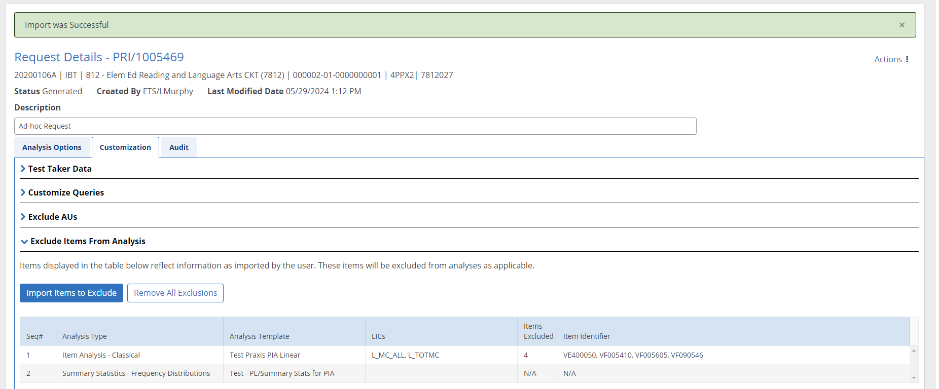 Exclude Item From Analysis Import