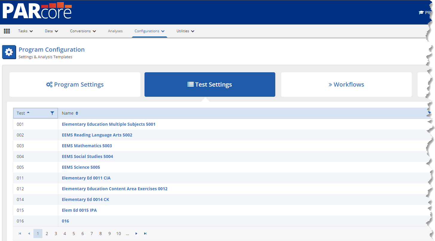 Test Settings Test List