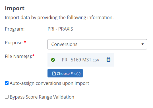 PARcore UI view of Import Conversions Purpose, File Name, and Auto-assign conversions upon import