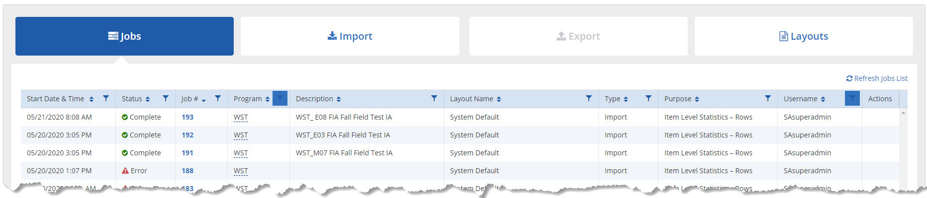 PARcore Import Jobs tab table