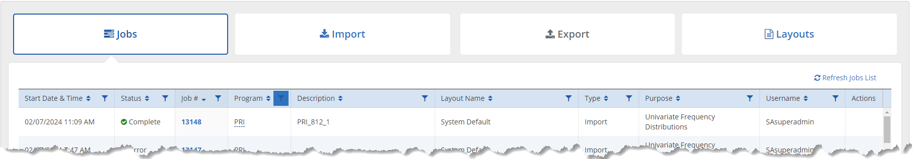 PARcore Import Jobs tab table