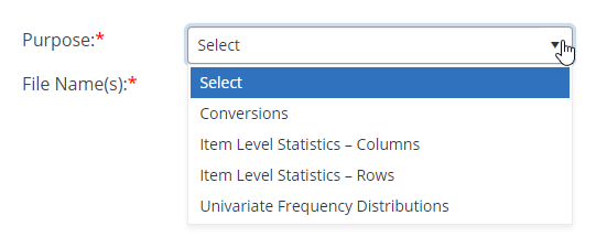 PARcore Import purpose drop down values Item Level Statistics - Columns and Item Level Statistics - Rows