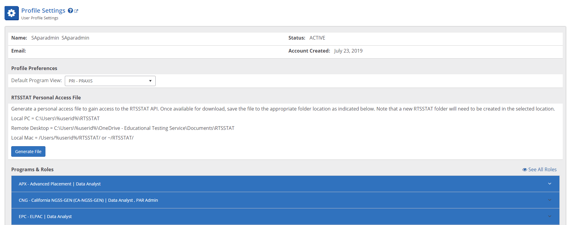 This is an image of the Profile Setting view for a generic Data Analyst role.