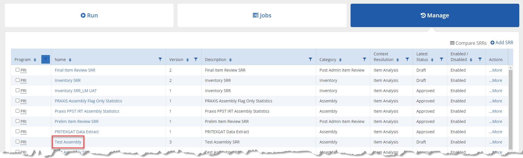 PARcore Manage SRR tab Table View