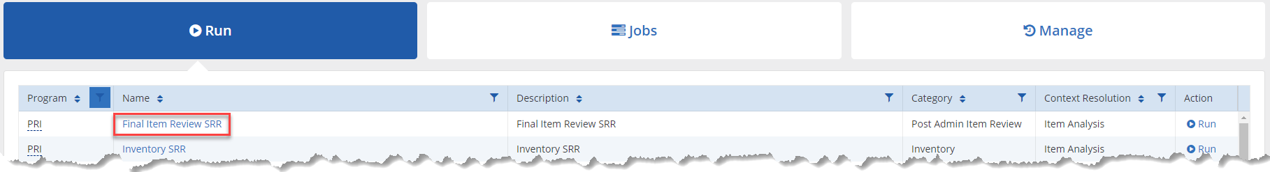 PARcore SRR Run table view