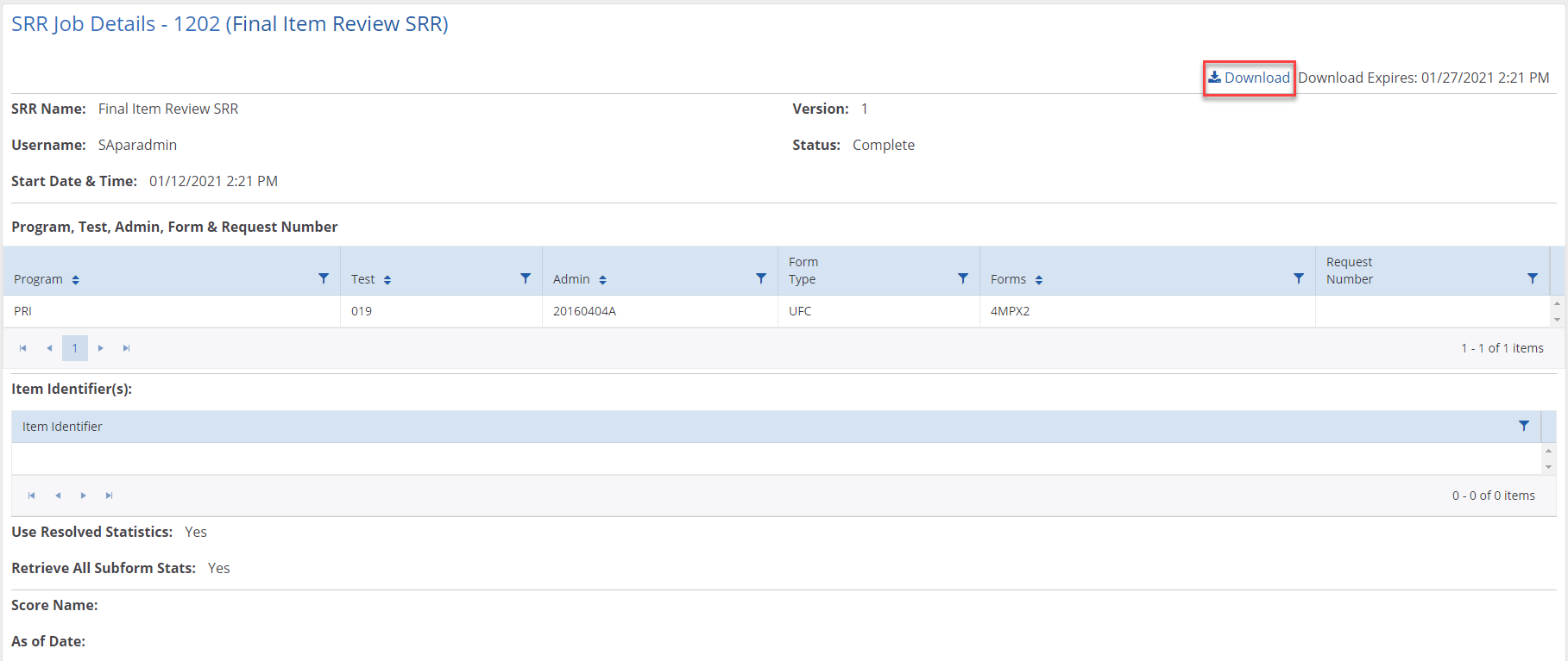 PARcore SRR Job Details Example