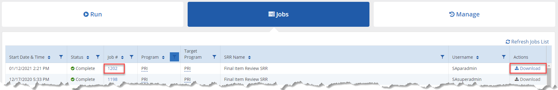 PARcore SRR Jobs Tab Table View