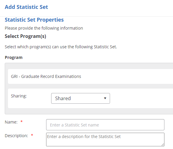 PARcore Add Statistic Set modal view