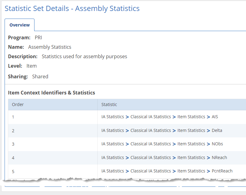 PARcore Statistic Set Details example