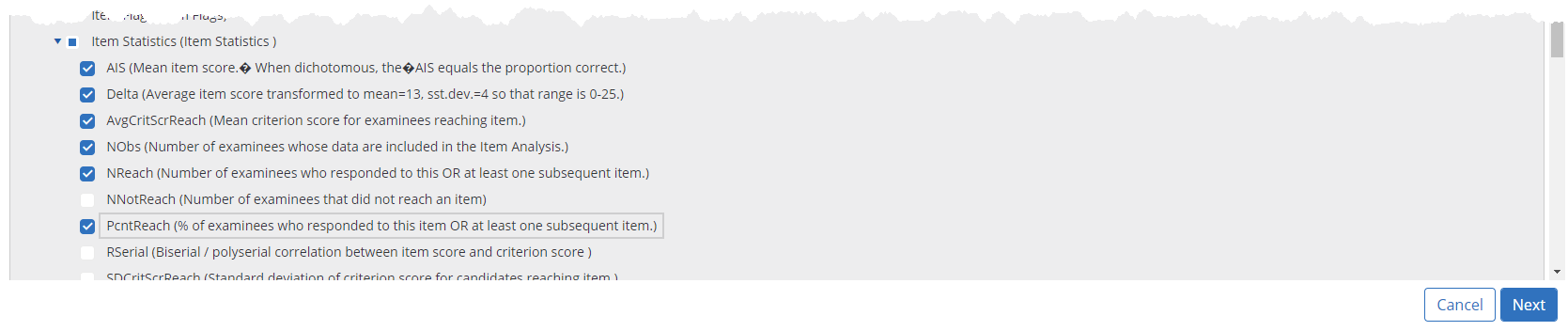 PARcore checking off statistics in the Statistic Set list example