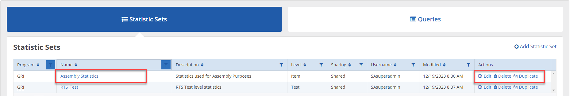 PARcore Statistic Sets table view, details, and actions